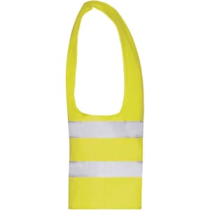A bright yellow safety vest featuring reflective stripes and a sleeveless design. It has a logo on it.
