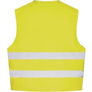 A yellow safety vest featuring reflective white stripes and a plain back design. It includes a branding logo.
