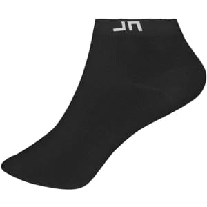 Black sneaker socks with a fitted design, featuring a logo on the upper section. Suitable for casual wear.