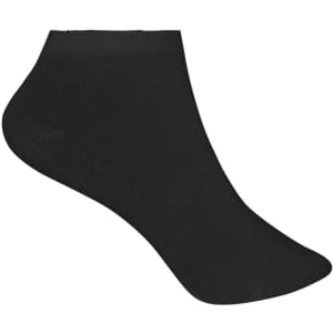 Black ankle socks with a simple design, featuring a logo on the side. Suitable for various footwear styles.