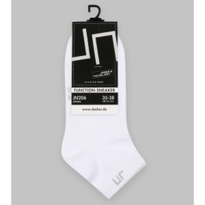 A pair of white sneaker socks with a logo, displayed with a black and white tag for the "Function Sneaker Socks" product.
