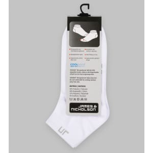 A pair of white sneaker socks with a tag. The socks feature a small logo and are made from moisture-wicking material.