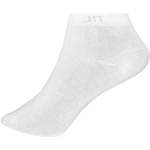 A pair of white sneaker socks with a small logo. The socks are designed to fit just above the ankle.
