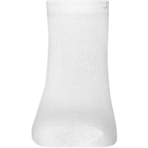 White sneaker sock with a ribbed cuff and smooth texture, featuring a small logo on the side.