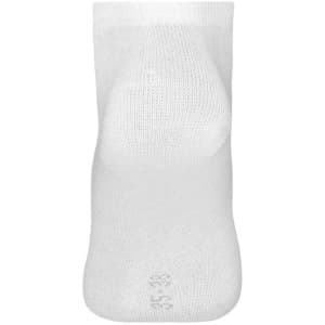 A pair of white sneaker socks with a smooth texture and a logo near the ankle.