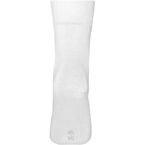 A pair of white sports socks, featuring a logo, designed for athletic use.