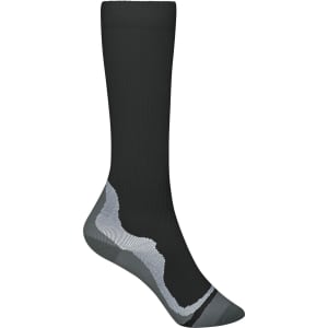 A pair of black compression socks with grey detailing, featuring a fitted design and a logo on the side.
