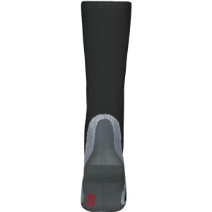 A pair of black compression socks with grey detailing and a logo at the top.