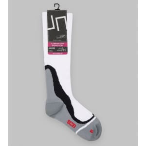 Compression socks in white, grey, and black, featuring a hang tag and a logo on the side.