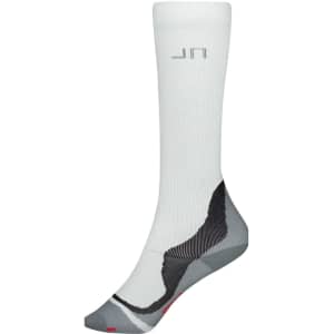 A pair of white compression socks with grey accents and a logo. The design features a textured pattern on the foot area.