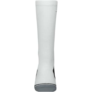 A pair of white compression socks featuring black accents and a logo on the side.