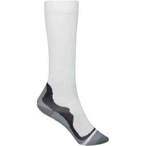 A pair of white compression socks with grey design elements and a logo on the side.
