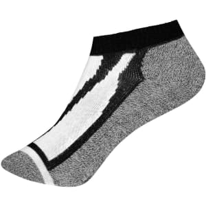 A pair of ankle-length socks featuring a black, white, and grey design with a logo on the side.