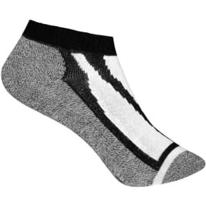 A pair of ankle-length sneaker socks in black, grey, and white, featuring a logo on the side.