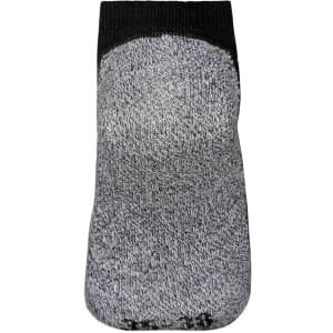 A pair of sneaker socks in grey with a black cuff, featuring an underlying logo.