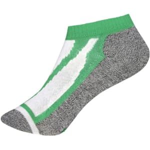 A pair of ankle-length socks featuring grey, white, and green colours with a logo on the side.