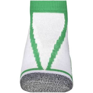 White sneaker socks with a green design and a textured sole, featuring a logo on the upper section.