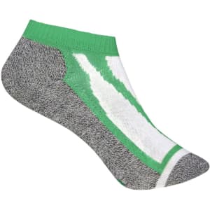 A pair of low-cut socks featuring a grey base with green and white accents and a logo.