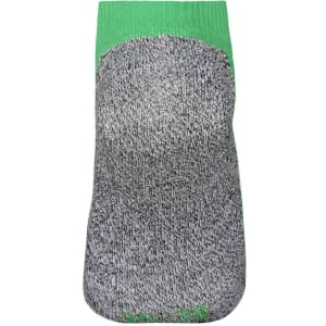 A pair of sneaker socks featuring a grey body and a bright green cuff, with a logo on the side.