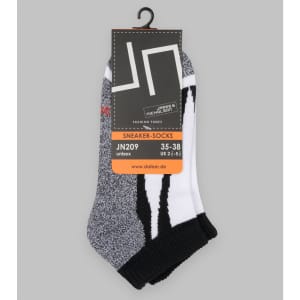 Sneaker socks in grey, black, and white, featuring a logo and a packaging label, suitable for unisex sizes 35-38.