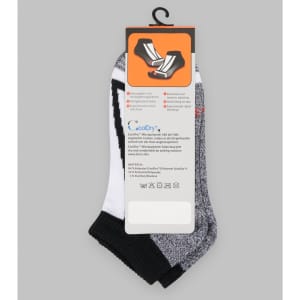 A pair of sneaker socks featuring a mix of grey, black, and white with a branded tag.