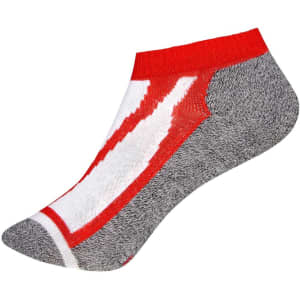 A pair of sneaker socks in grey, white, and red, featuring a logo on the side.