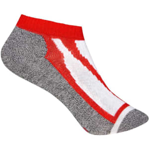 A pair of grey and red sneaker socks featuring a distinctive design and a logo on the side.