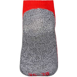 A grey sneaker sock with a red top and a logo on the side.