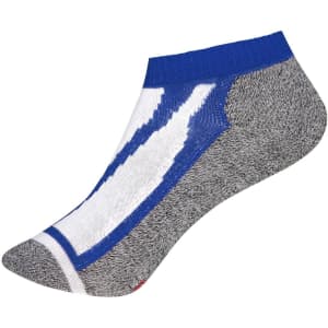 A pair of ankle-length sneaker socks in blue, white, and grey, featuring a logo on the side.