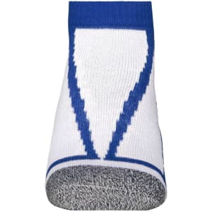 A pair of white sneaker socks with blue accents and a textured grey sole. The design features a modern pattern.