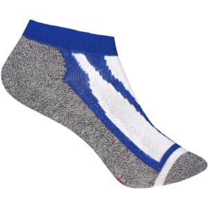 A grey and blue sneaker sock with a white design and a logo on the side.