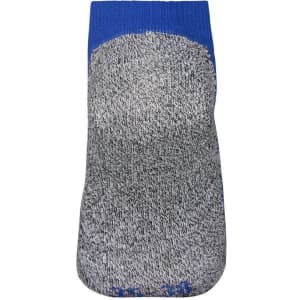 Grey sneaker socks with a blue cuff, featuring a logo on the side.