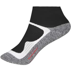 Sport socks in black with grey and white accents, featuring a logo on the side. Short length for athletic wear.