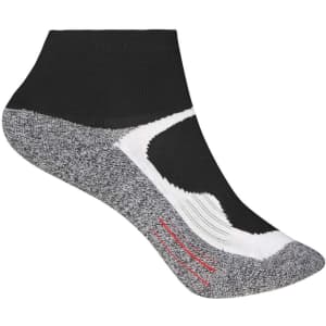 A pair of short sport socks featuring a black upper and grey textured design, with a logo on the side.