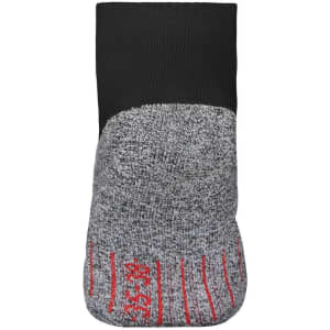 A pair of sport socks featuring a black cuff and a grey body with red detailing and a logo.