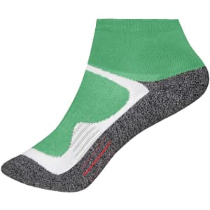 A short sports sock featuring a green and white design with a grey sole. Includes a logo on the side.