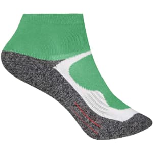 Sport socks in green and grey, featuring a low-cut design and a contrasting white pattern. Includes a logo.