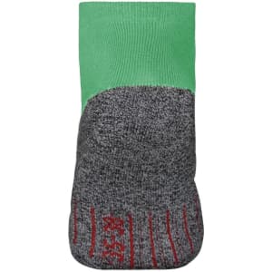 Short sports socks in grey with a green and grey top portion, featuring red accents and a logo.