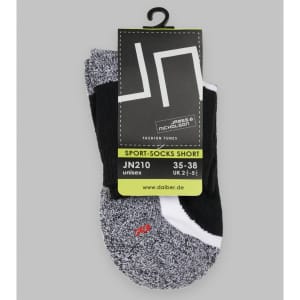 A pair of short sports socks in black and grey, featuring a logo and packaging.