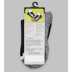 A pair of short sports socks in grey and black with a hang tag displaying product details and care instructions.