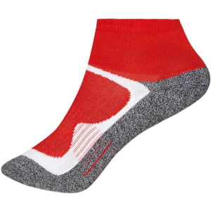 Sport socks in red and grey with a design featuring a logo. Short cut suitable for sports uniforms.