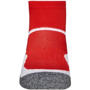 A pair of short sport socks in red and grey, featuring a logo on the side.