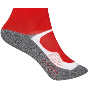 A pair of short sports socks featuring red, grey, and white colours with a logo.