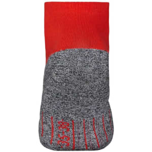 Sport socks in grey with a vibrant red top, featuring a logo on the side. Ideal for athletic activities.