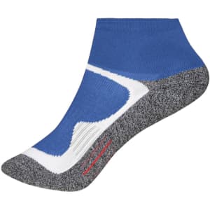 A pair of short sports socks featuring blue, grey, and white colours with a logo.