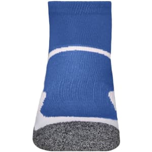 A pair of sports socks in blue with a white pattern and a grey heel. The socks feature a logo.