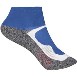 A pair of short sport socks featuring blue, white, and grey colours, with a logo on the side.