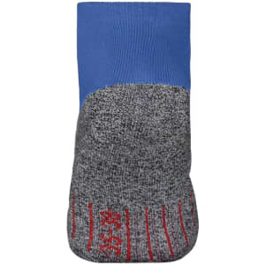 Short sports socks in blue and grey with red detailing, featuring a logo on the side.