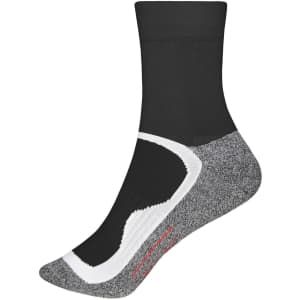 A pair of black sports socks featuring a grey and white design, with a visible logo.