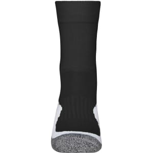 A pair of black sport socks with white accents and a logo at the top.